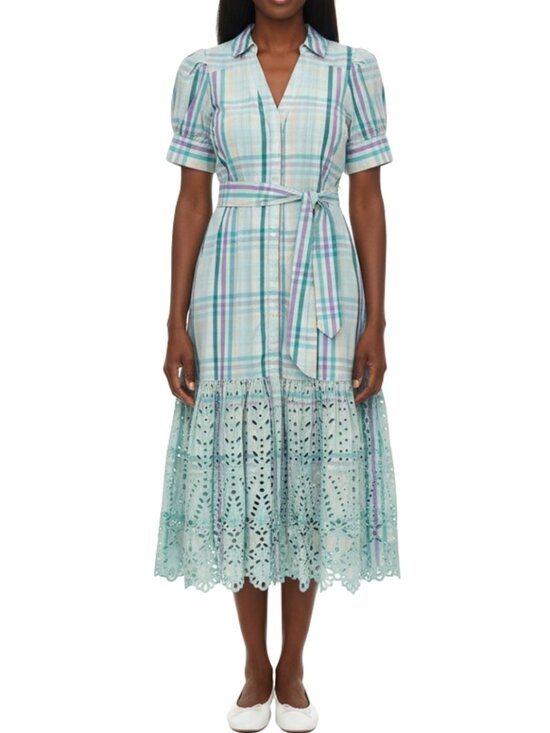 Tanya Taylor Dresses & Skirts - Tanya Taylor Plaid Print Midi Length Dress w Eyelet Lace Detail. Size 8.